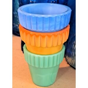 Set Of 3 Akro Agate Flower Pot Jadeite Orange Blue Slag Glass